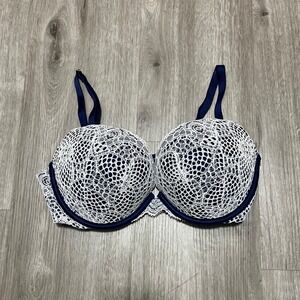 Victoria's Secret Push Up Bra Lace Overlay Navy Blue White 32DD
